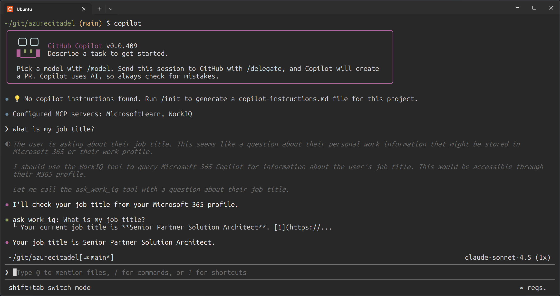 GitHub Copilot CLI with WorkIQ MCP server displaying a question about work context being answered using Microsoft 365 data