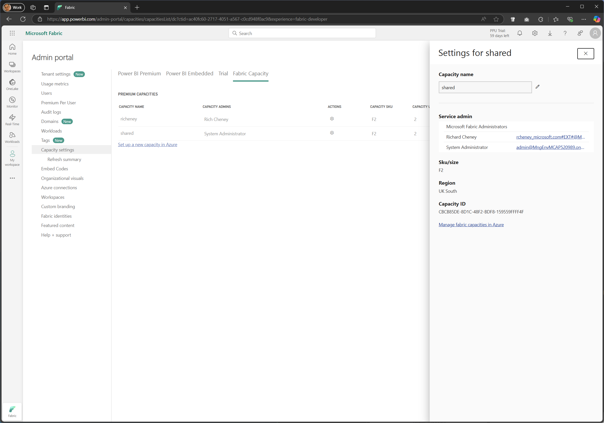 Screenshot of the Admin Portal showing a list of Fabric capacities. Each capacity is displayed with details such as name, SKU type, region, and state. The side pane includes action options like settings and administrators.