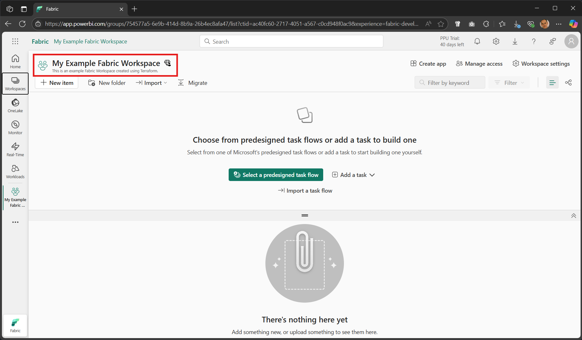 Screenshot of the Fabric Developer portal showing the newly created workspace.