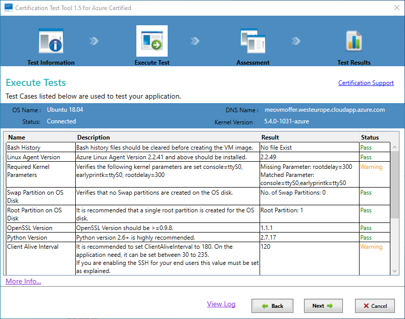 The VM test tool results