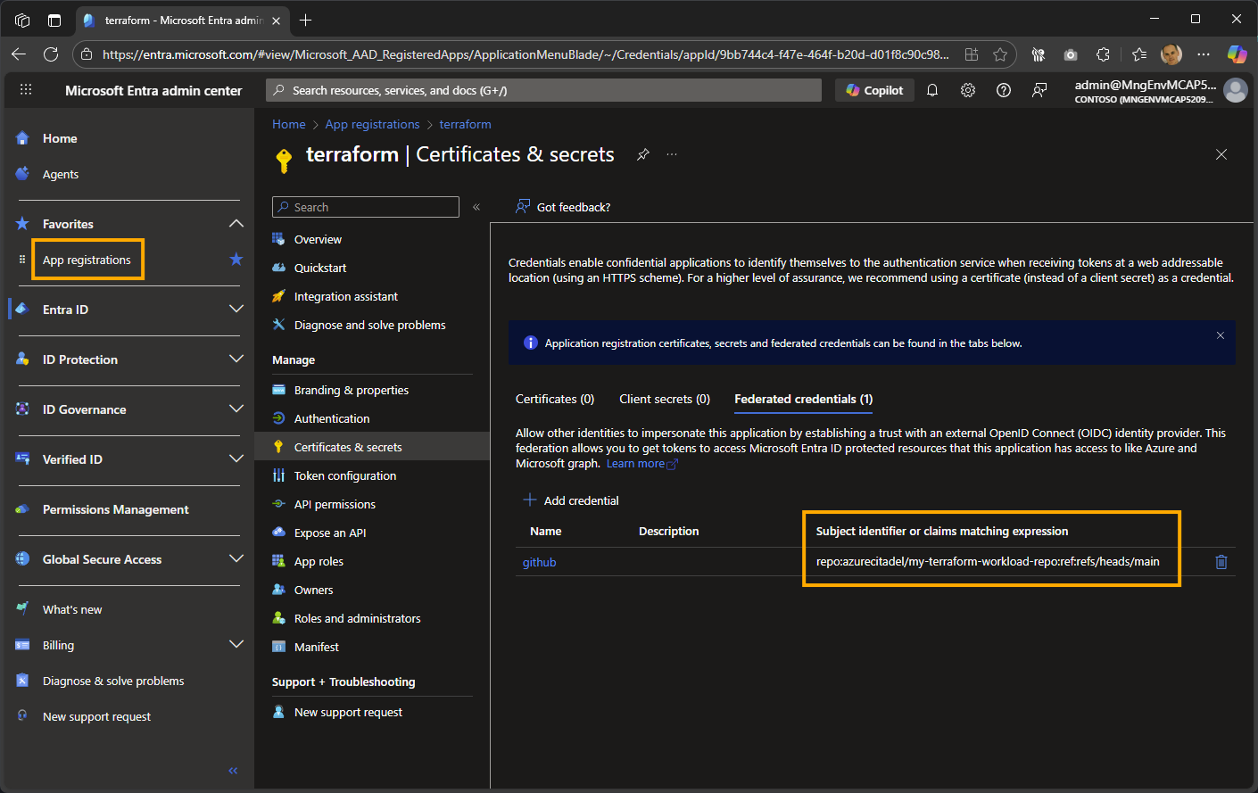 App registration’s federated credential for a GitHub repo’s main branch