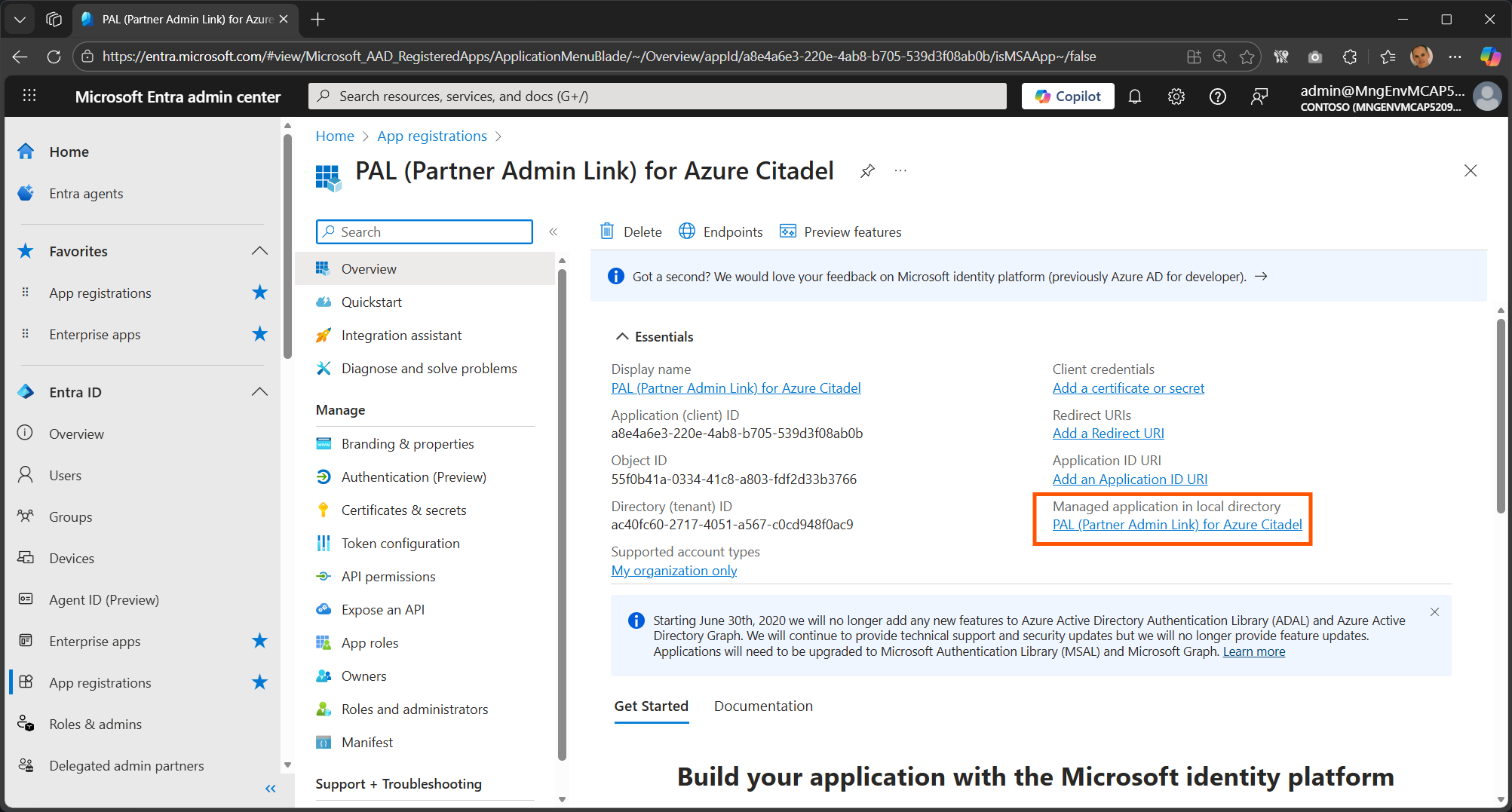 Overview page of an app registration in Azure Portal showing the &lsquo;Managed application in local directory&rsquo; link in the Essentials section that navigates to the corresponding service principal in Enterprise Apps