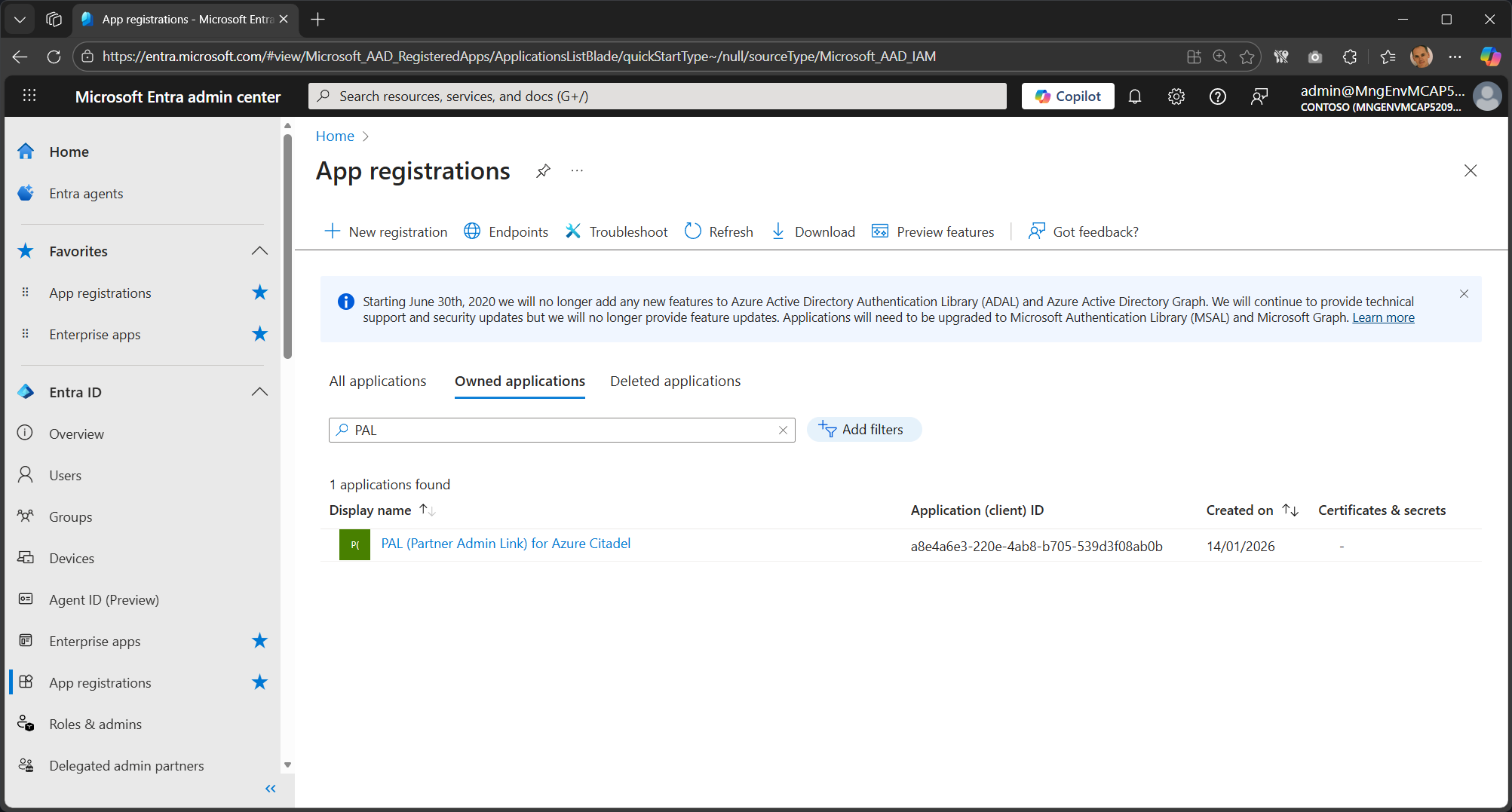 List of app registrations in Azure Portal showing the Owned applications tab selected, with a PAL service principal named &ldquo;PAL (Partner Admin Link) for Microsoft&rdquo; visible in the list