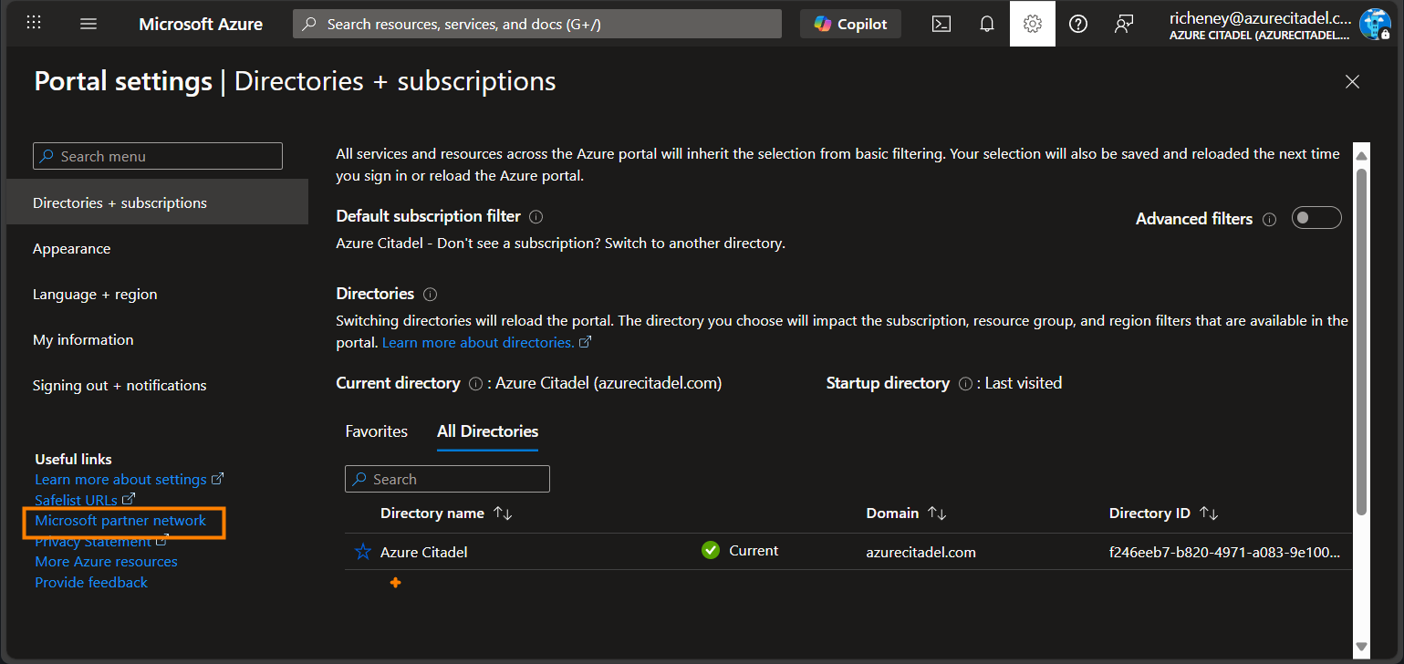 Microsoft partner network link on the Settings page in the Azure Portal