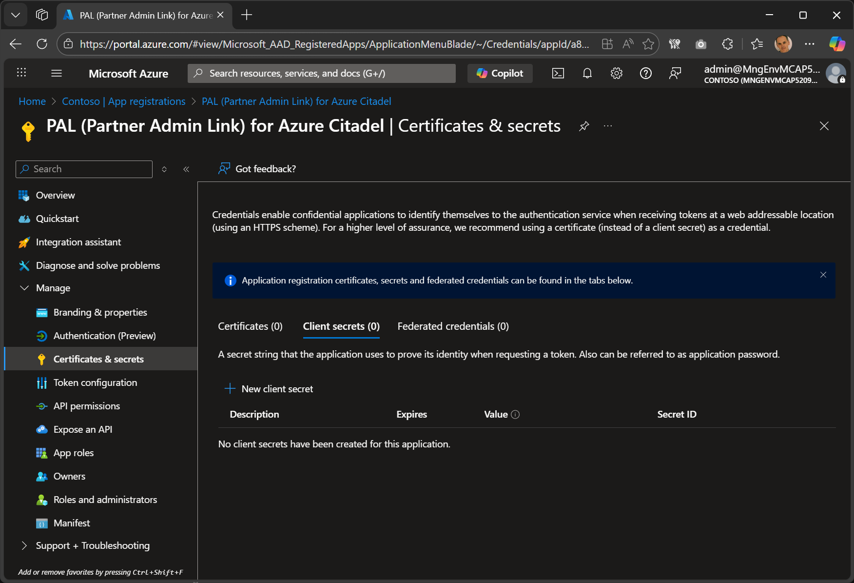 Azure portal showing the Certificates and secrets page for an app registration with empty sections for Certificates, Client secrets, and Federated credentials, confirming no authentication credentials are configured