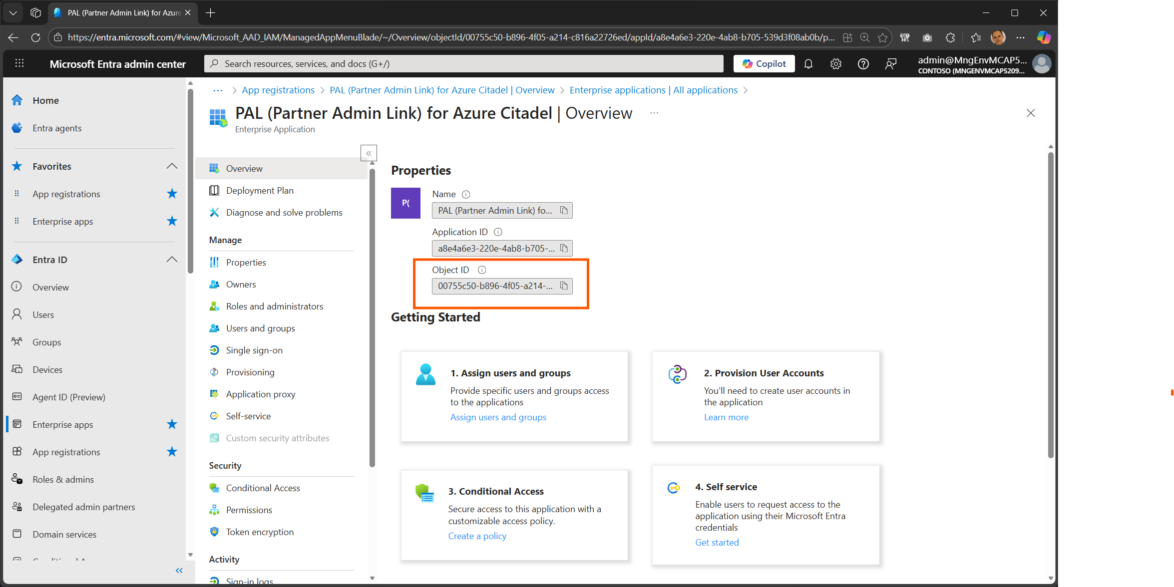 Overview page of a service principal in Azure Portal Enterprise Apps showing the Object ID field highlighted with a copy button, allowing users to easily copy the service principal&rsquo;s unique identifier for use in role assignments and other administrative tasks
