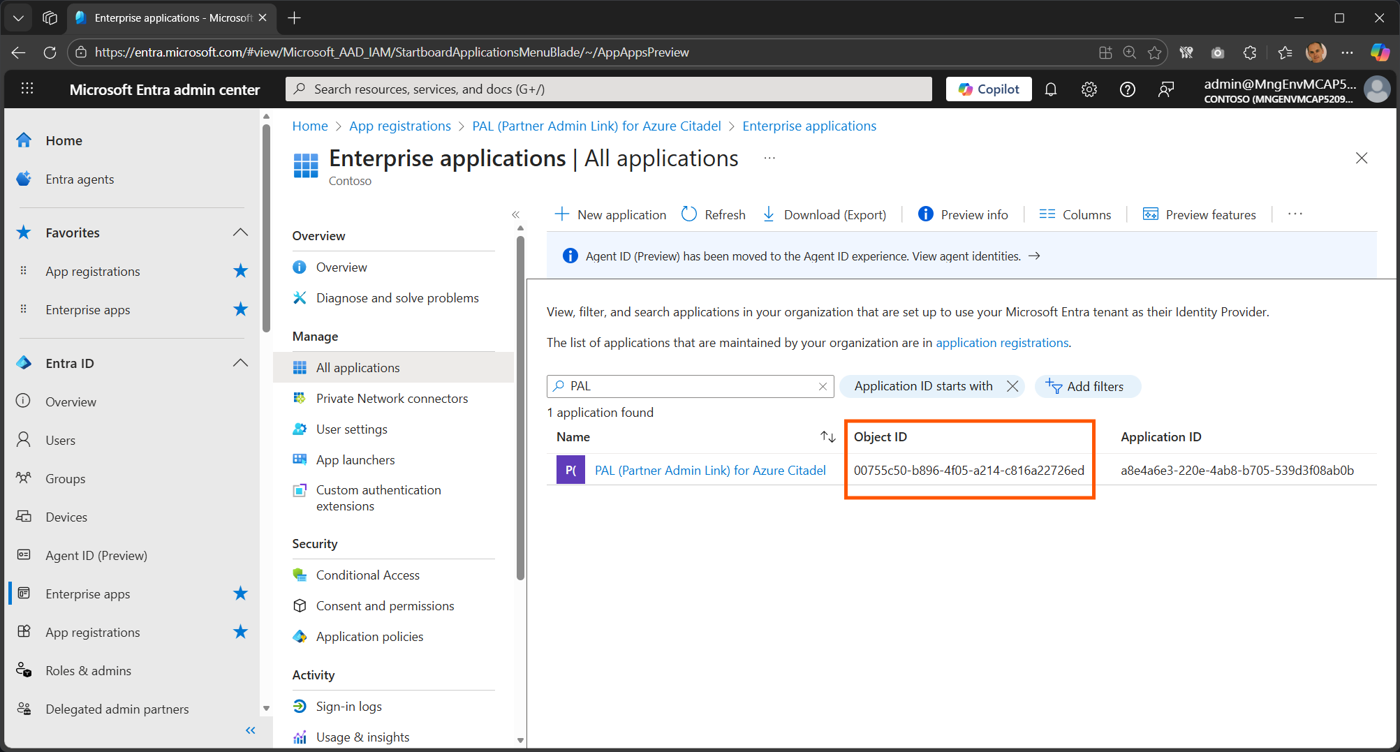 Filtered list of enterprise applications in Azure Portal showing search results for &ldquo;PAL&rdquo; with a service principal named &ldquo;PAL (Partner Admin Link) for Microsoft&rdquo; displayed in the results