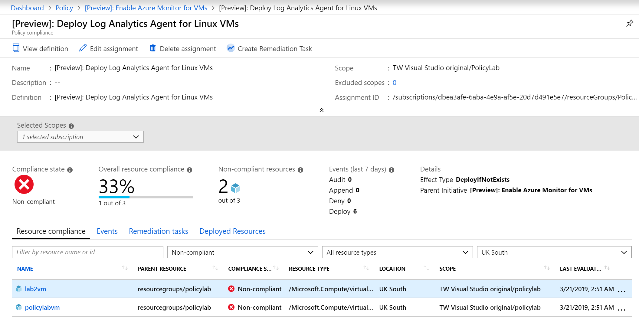 View Log Analytics for Linux policy