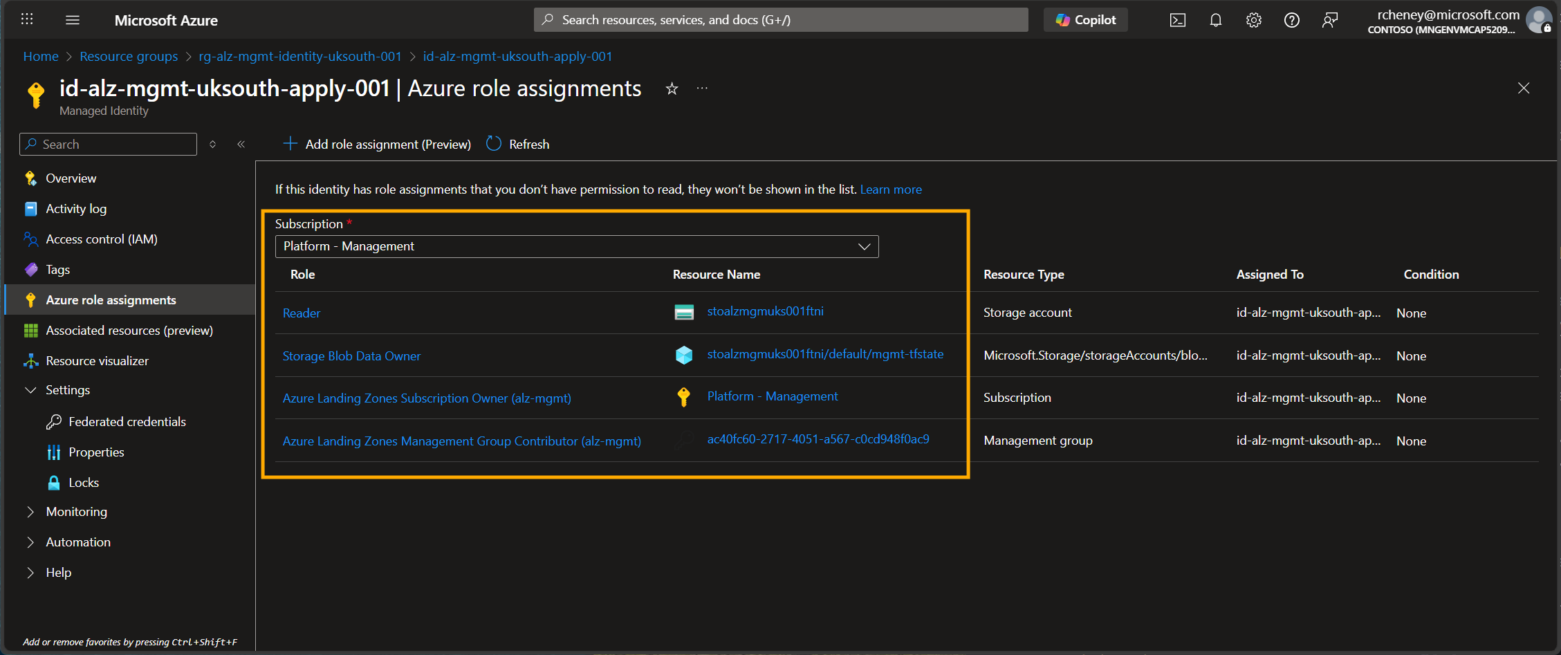 Role assignments for the managed identity used for the apply workflow