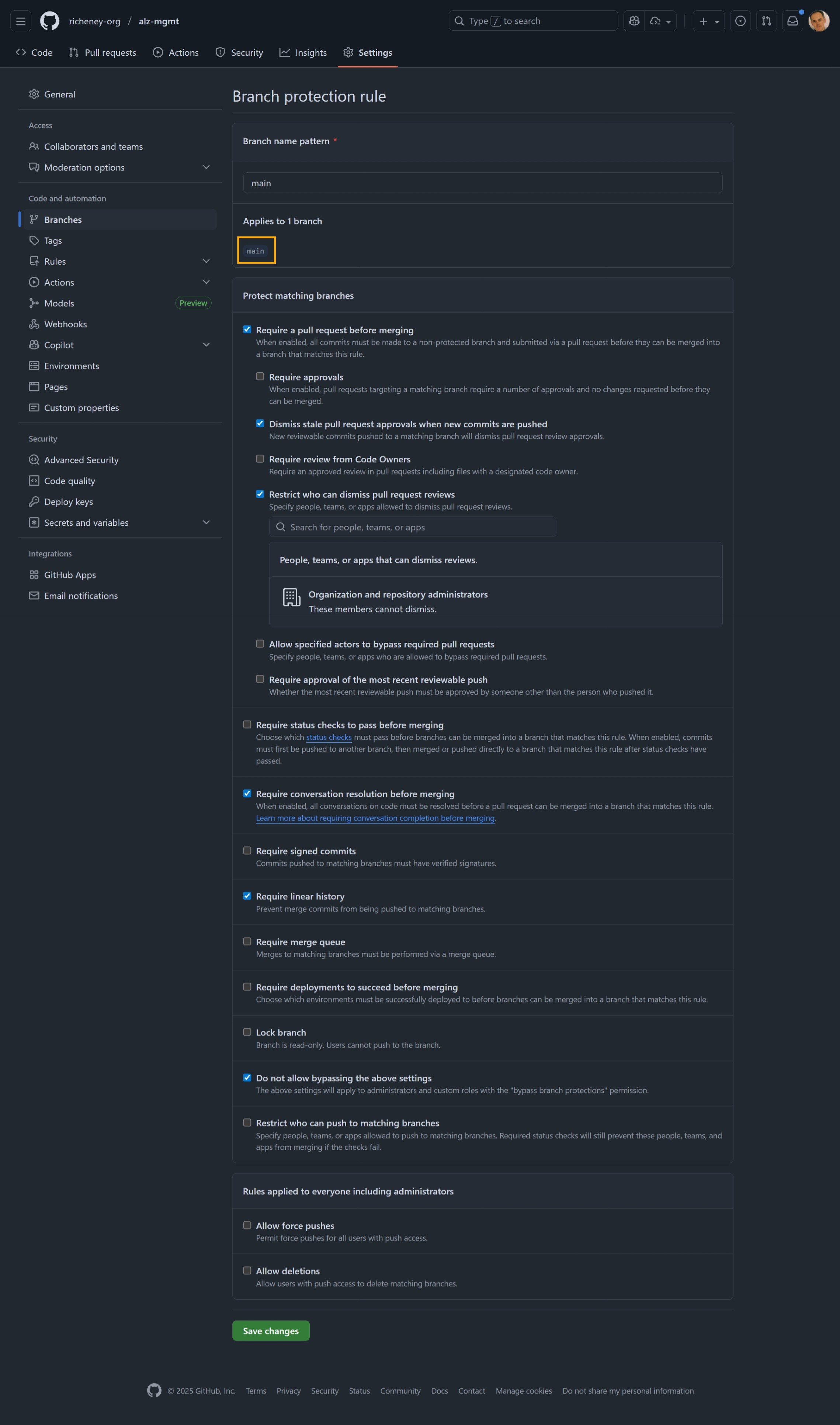 Branch protection on the main branch of the alz-mgmt repo