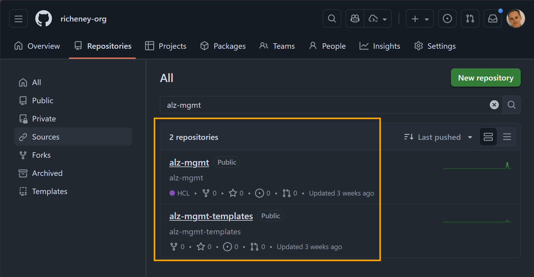 The two repositories, alz-mgmt and alz-mgmt-templates, created by the accelerator