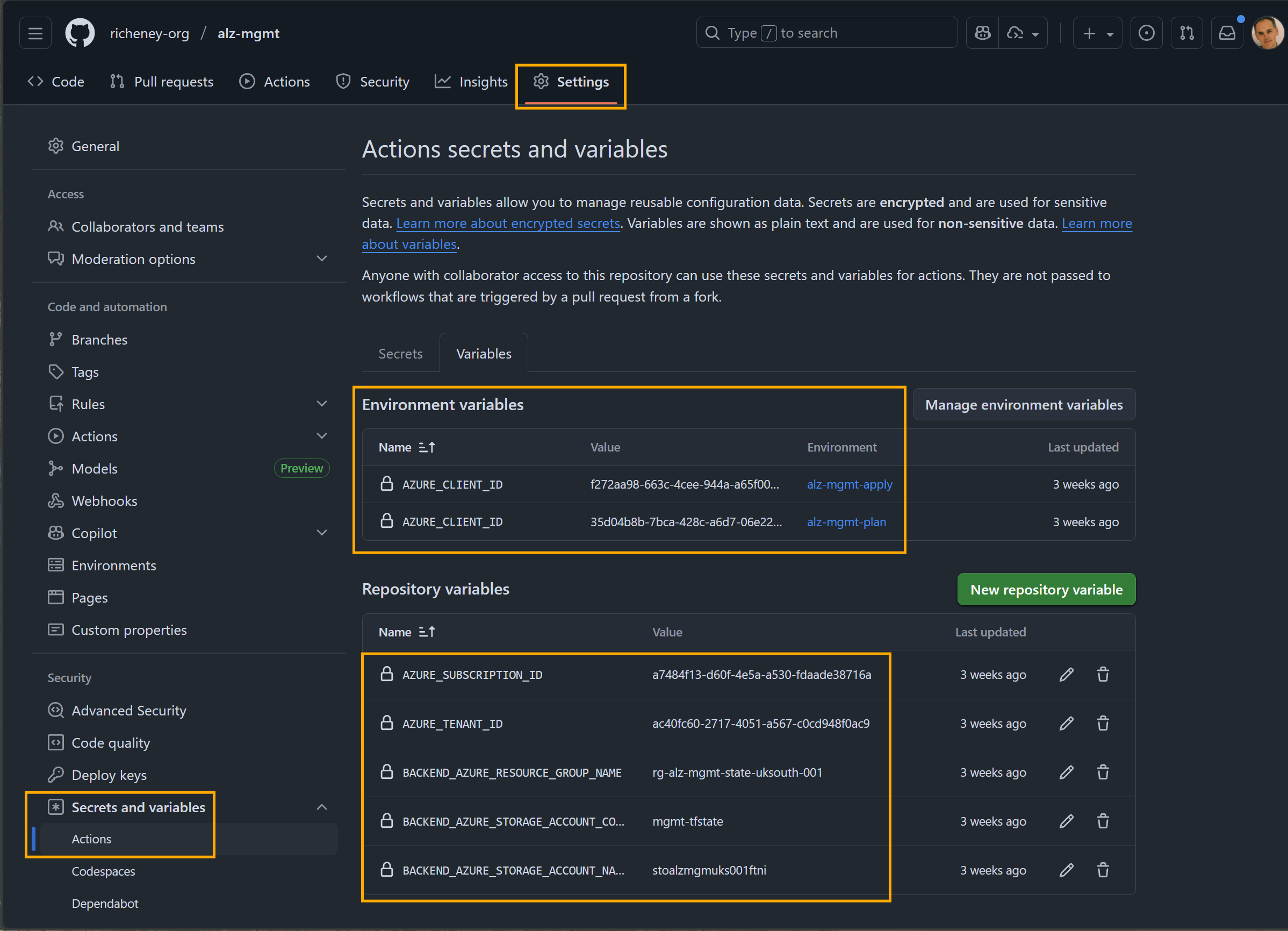 Environment and repo level variables used in the GitHub Actions workflows
