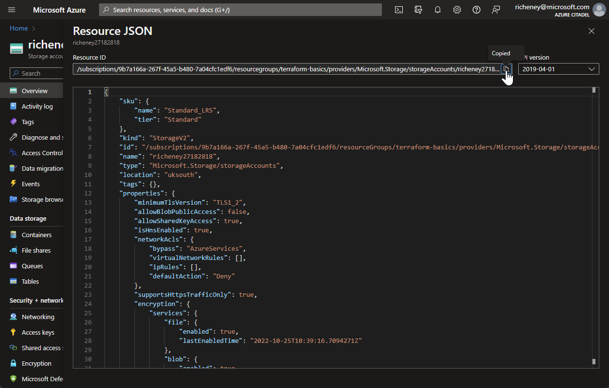 Storage Account JSON view